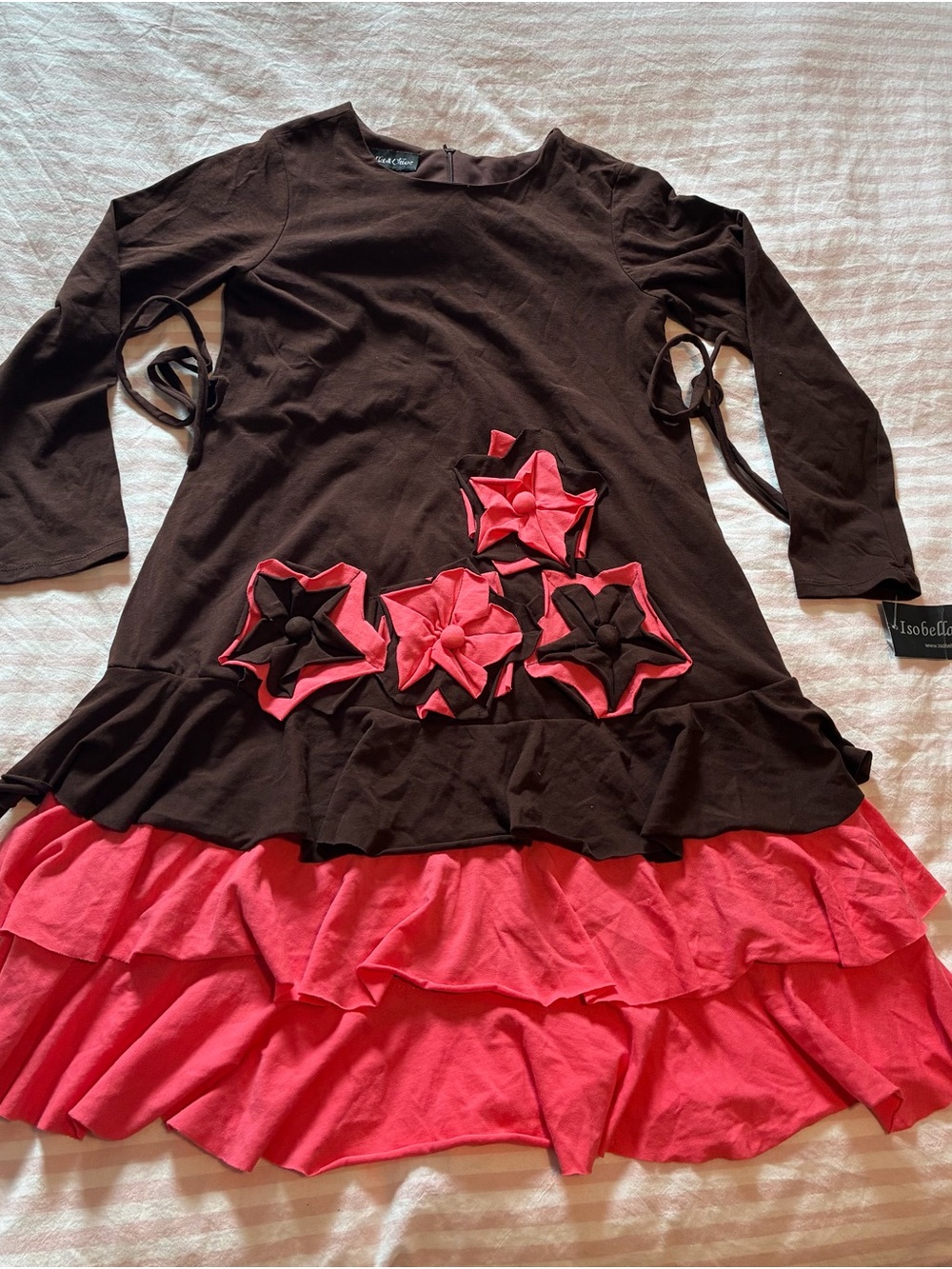Isobella & Chloe Brown and Pink Ruffle Floral Knit Dress